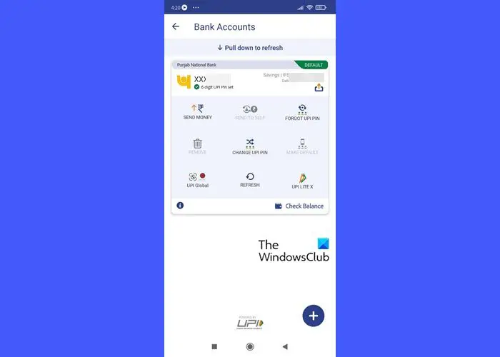 Accounts options in BHIM app