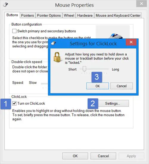 Turn on ClickLock in Windows