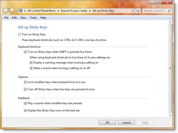 Set up Sticky Keys in Windows