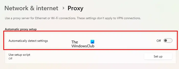 Disable automatically detect Proxy settings