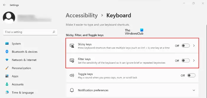 disable sticky and filter keys Windows 11