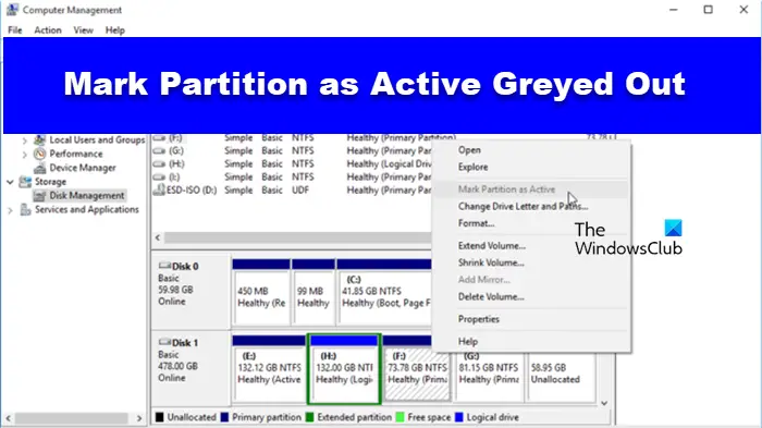 Mark Partition as Active Greyed Out