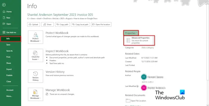 How to view or display Document Properties in Excel