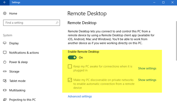 remote desktop in windows10