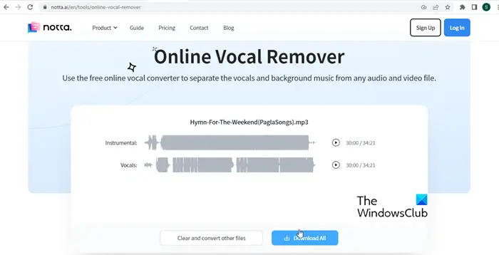 Remove vocals using Online Vocal Remover by Notta