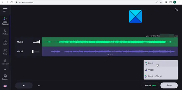 Remove vocals using VocalRemover.org