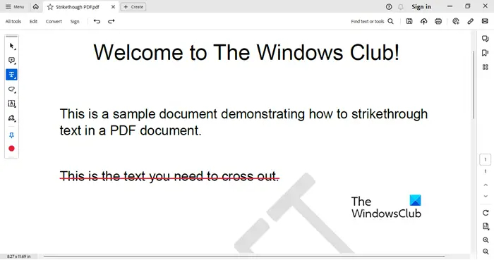 Strikethrough pdf text Adobe Reader