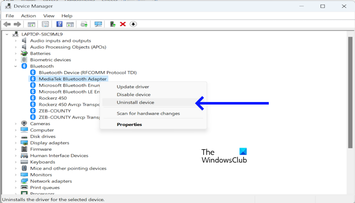 Uninstall Bluetooth adapter